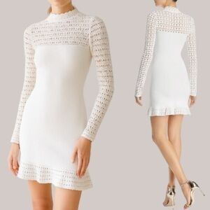 Ronny Kobo Magda Dress White Crochet Stretch Knit Mini Long Sleeve Size Small